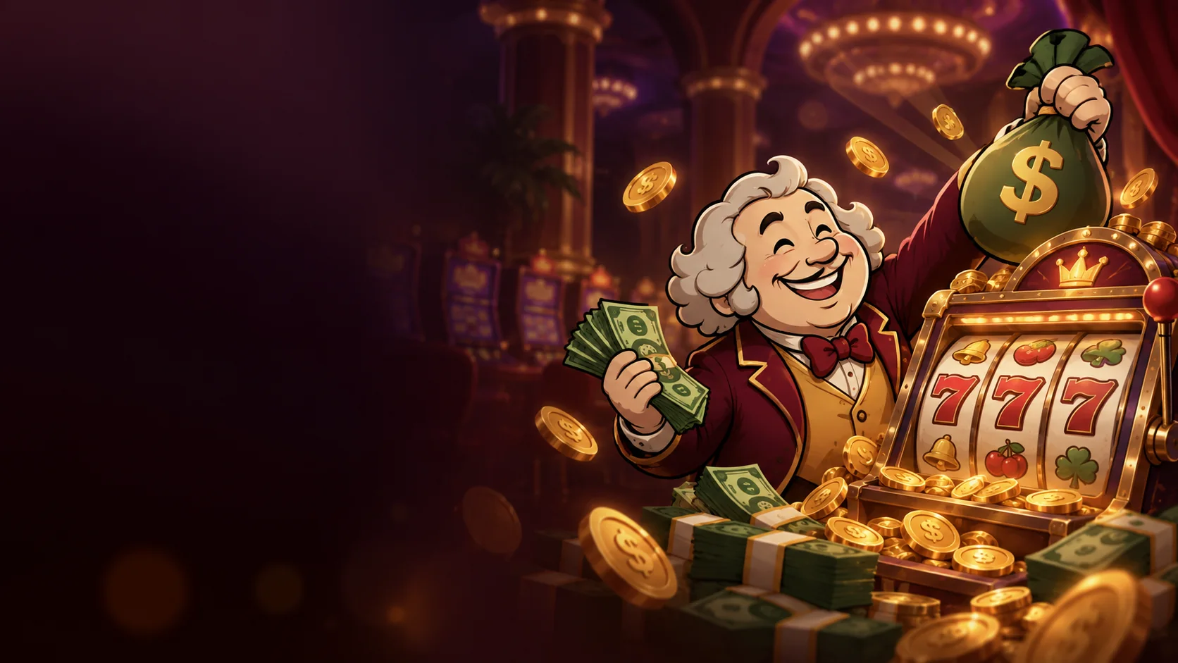 Illustrated casino scene with a smiling character, cash and a classic slot machine.